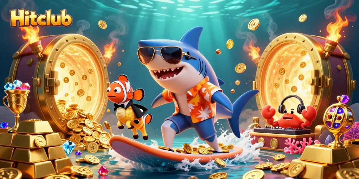 Hitclub immerses you in a vibrant casino world, with a shark surfing gold coins amid treasure.