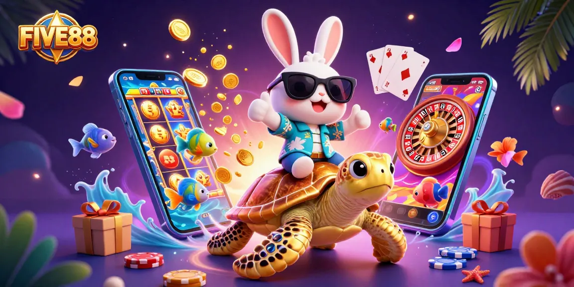 Experience the thrill of FIVE88 slots with a lucky rabbit and a golden sea turtle.