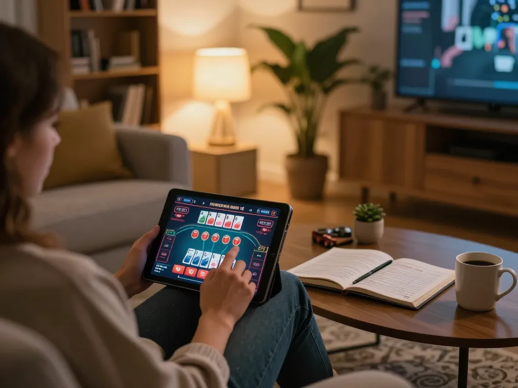 Engaging with LGOLUX online gaming on tablet in a cozy living room setup