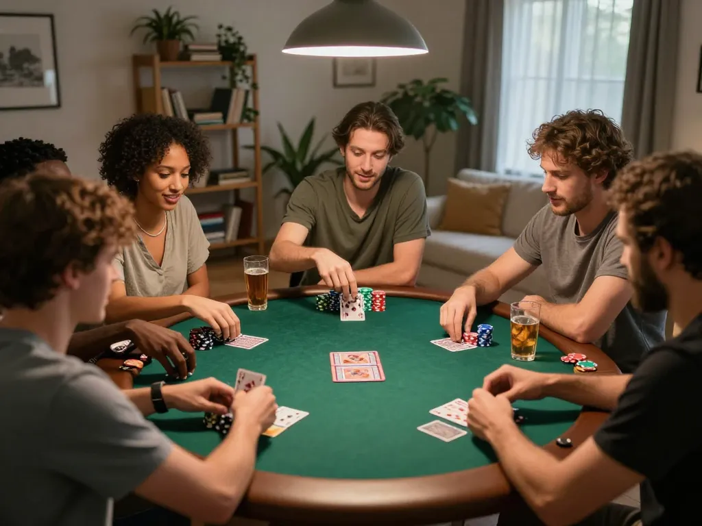 F8BET players enjoying a lively home poker game, surrounded by snacks and drinks.