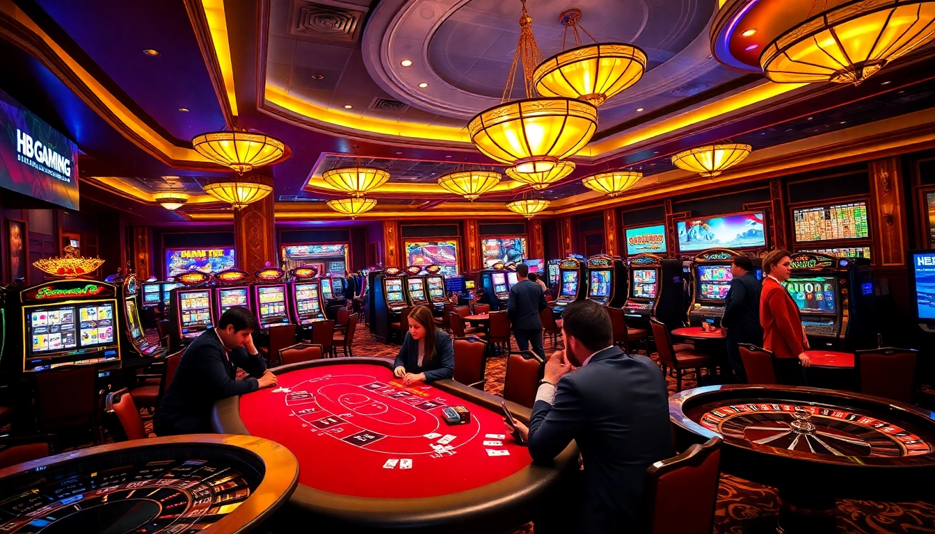 High-stakes poker action featuring HB Gaming branding in a luxurious casino.