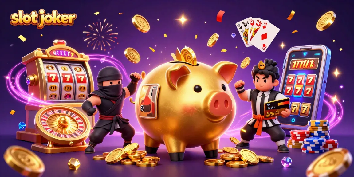Menangkan slot joker dengan gambar permainan slot dan koin emas yang bertebaran.