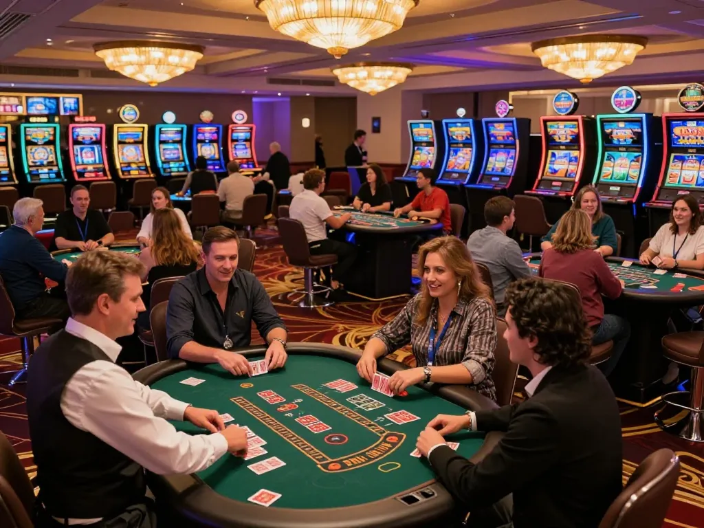 Exciting casino atmosphere with players engaging in ดูหนังออนไลน์ high-stakes blackjack and roulette, vivid lights and warm ambience.