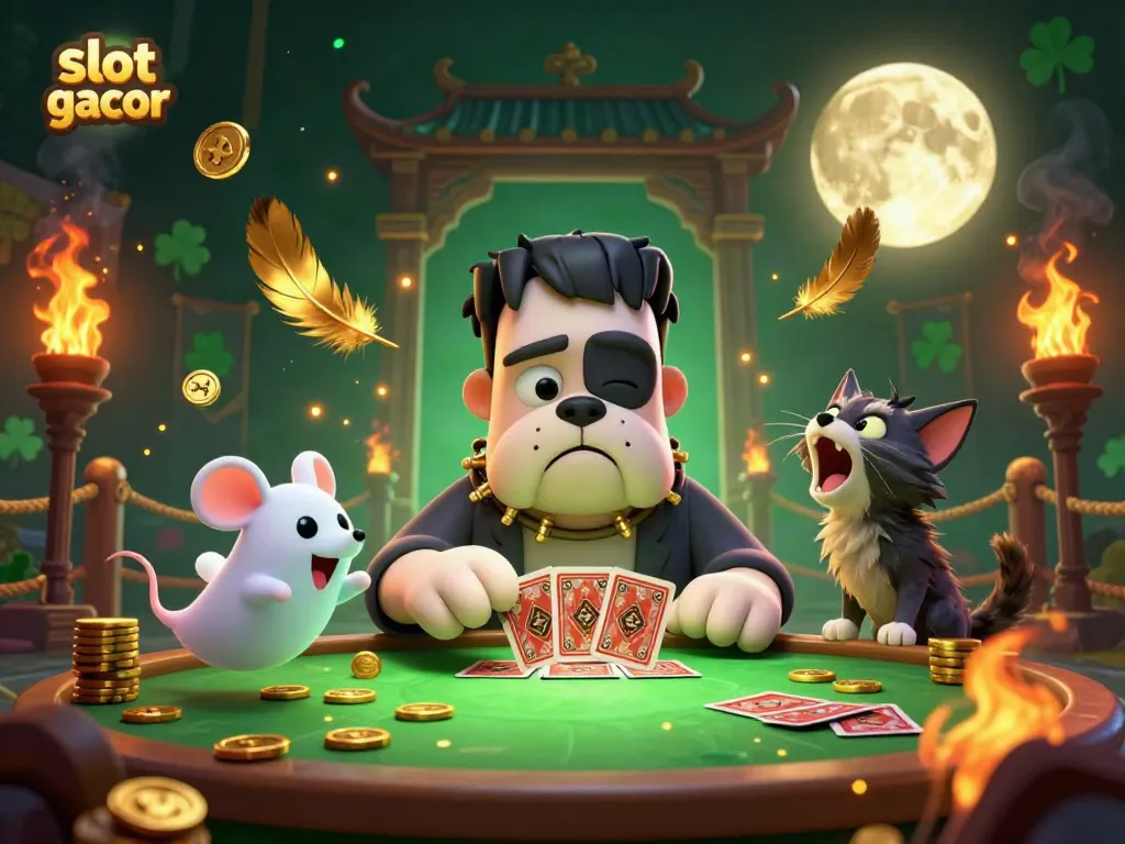 Experience vibrant gameplay at slot gacor with the lively art of a Frankenstein bulldog dealing cards.