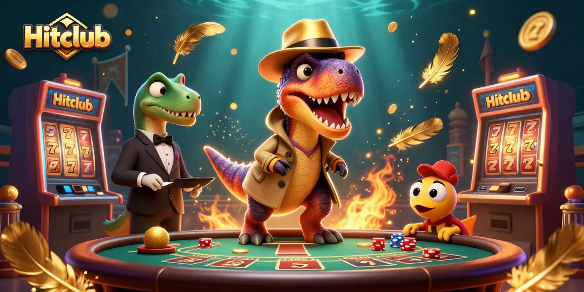Hitclub illustration showing a velociraptor card counter and friends at a vibrant blackjack table, highlighting casino excitement.