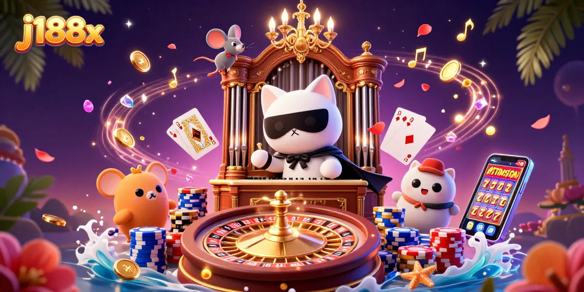Experience exciting gameplay at j188x with a vibrant casino scene featuring lucky symbols and animated characters.