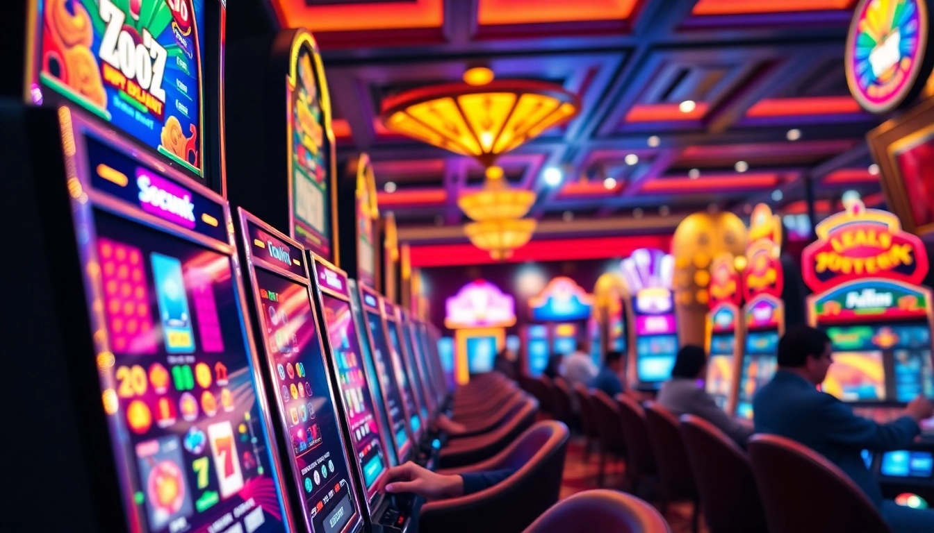 Excited player spins a slot machine with cascading coins in a vibrant casino atmosphere.