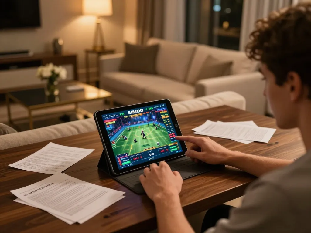 Engaging in thrilling sports betting on MMOO through a tablet at home with a cozy atmosphere.