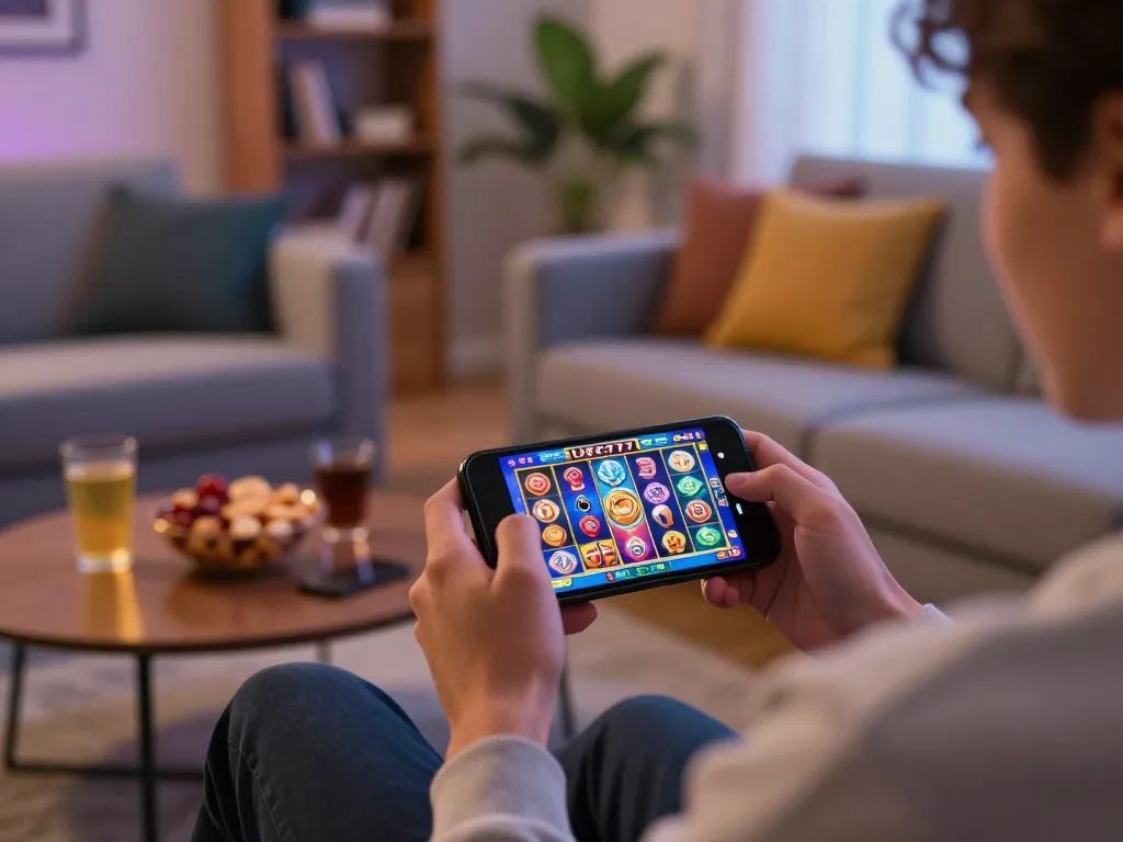 Engaging player spinning slots on UFO777 smartphone app in a cozy living room setting