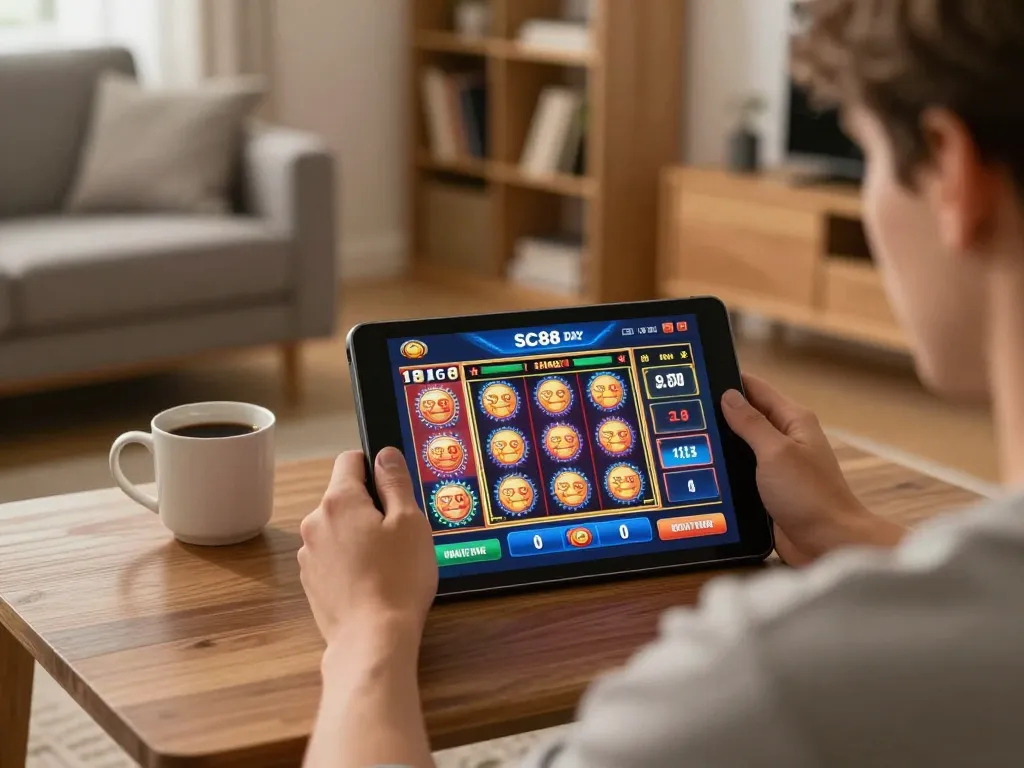 Engaging user interacting with SC88 day casino app on tablet in cozy home setting.