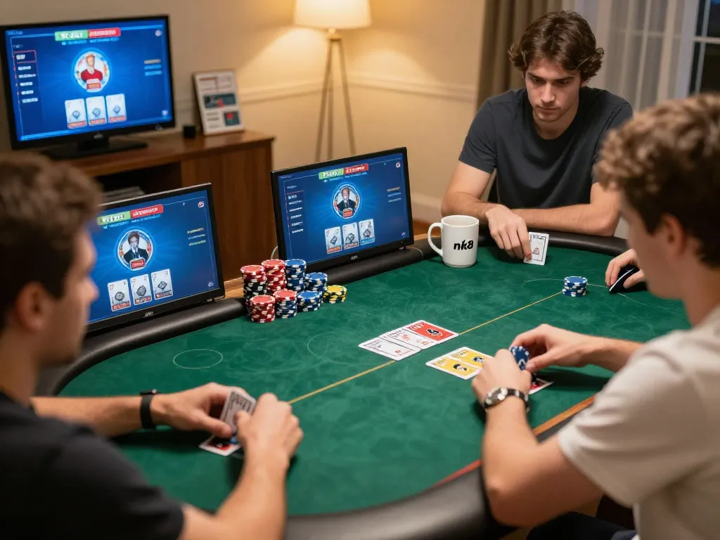 A player enjoying an online poker game at nk88, showcasing strategic gameplay amidst a cozy home setting.