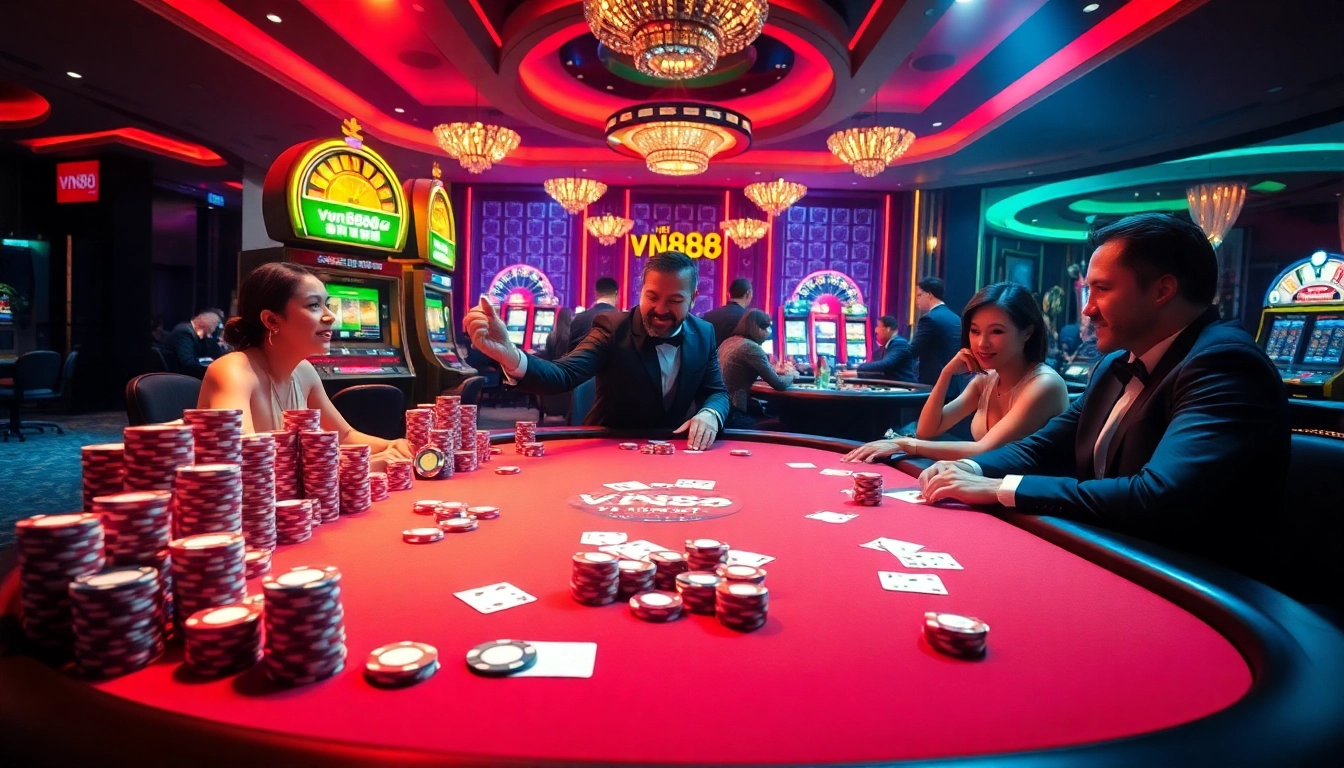 Players engaged at a luxurious casino table highlighting vn888 poker action with vibrant chips and cards.