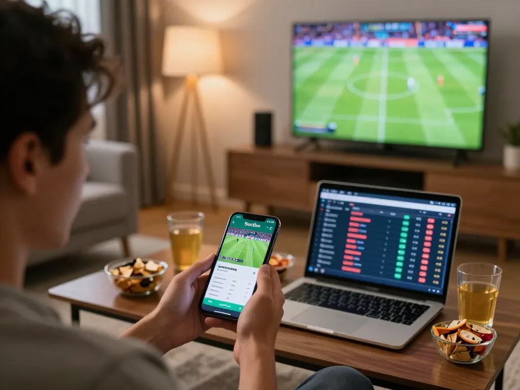 Socolive app user placing live football bets in a warm, inviting home setting.