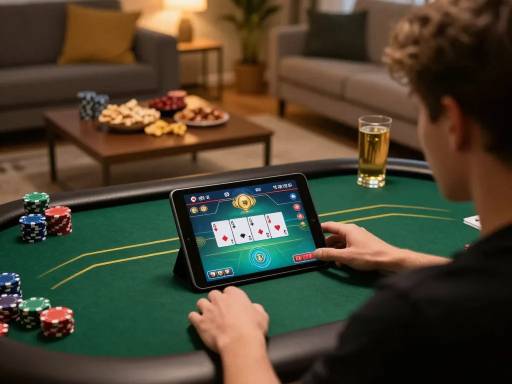 Player enjoying engaging poker session on trang chủ kuwin from cozy home environment, showcasing strategic gameplay.