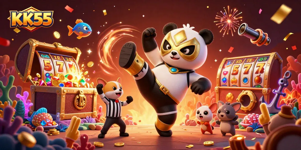 Engaging scene of KK55 with a wrestling panda and excited animal fans for thrilling casino action.