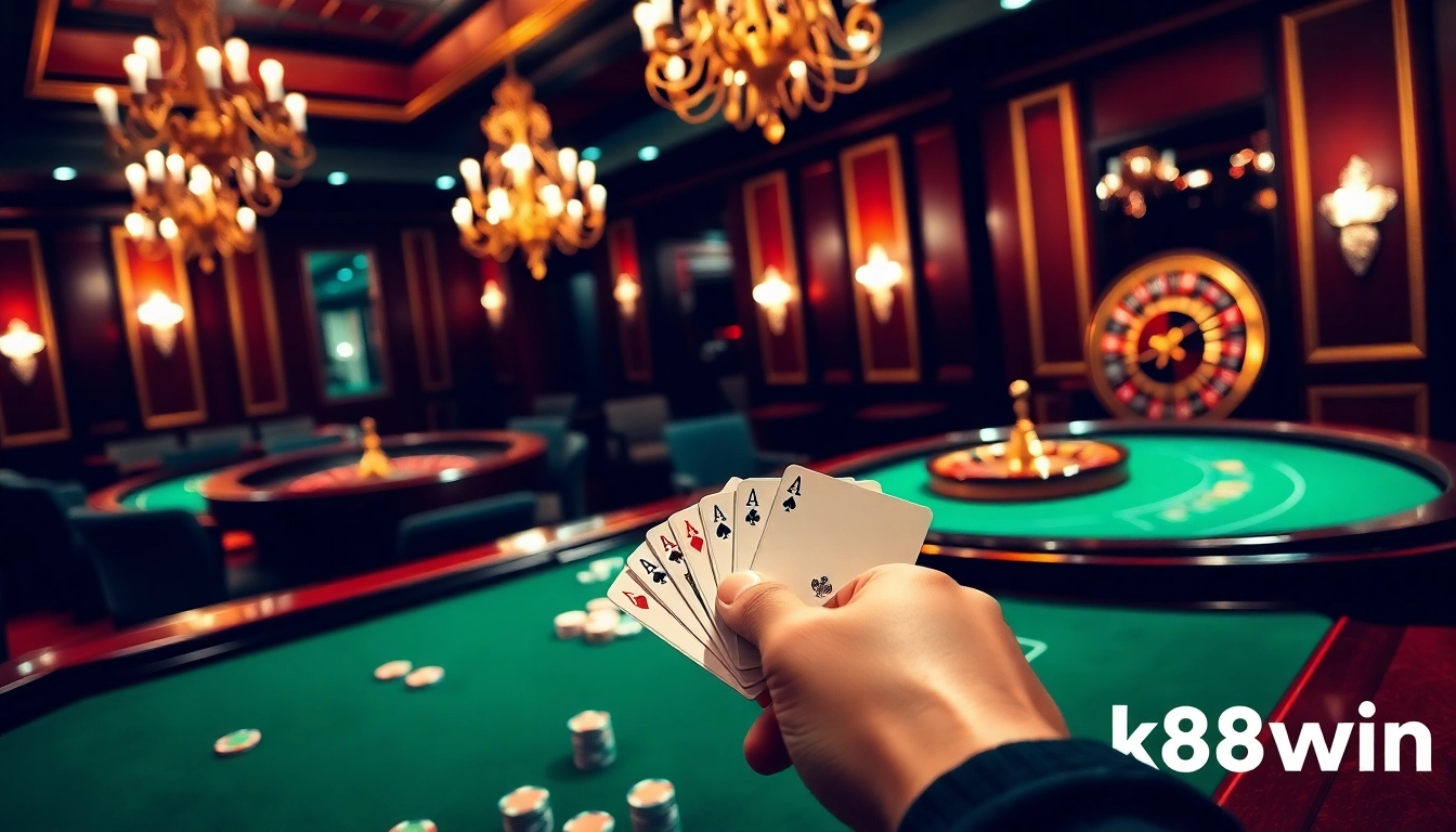 Engaging players at the k88win poker table, featuring luxurious casino elements with chips and cards in play.