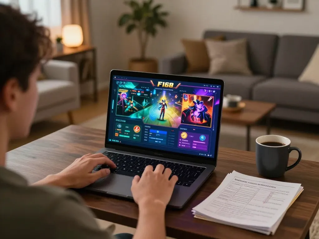 Player engaging with the F168 casino platform on laptop, showcasing vibrant game interface at home