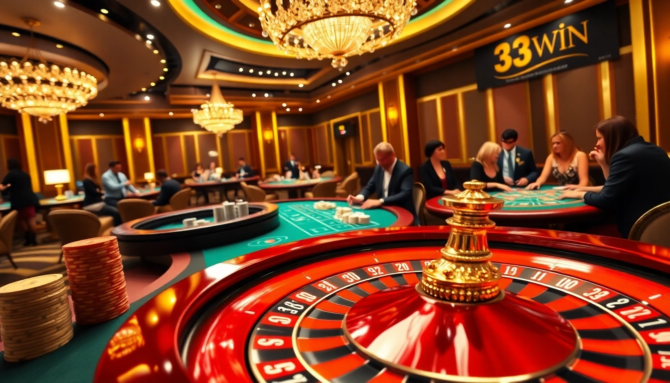 Experience the excitement of 33WIN as players engage at a luxury poker table in a bustling casino.