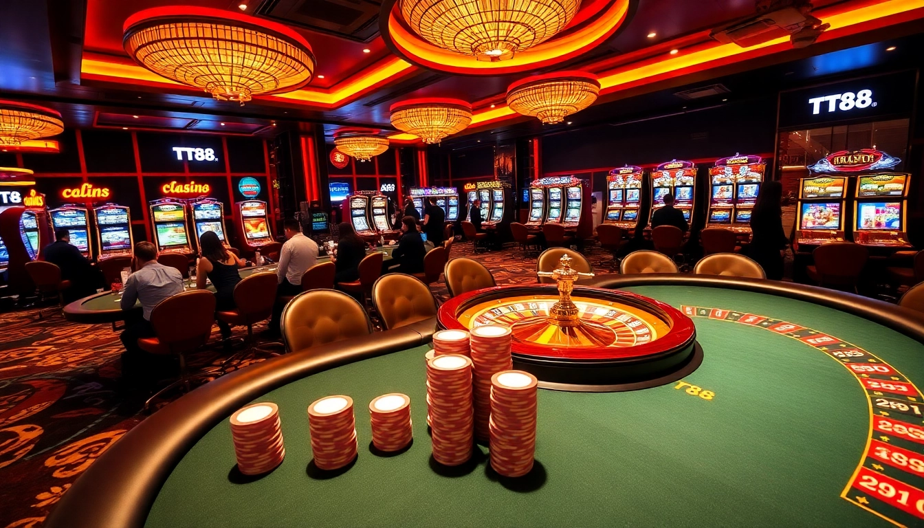 Experience TT88's excitement with a vibrant casino scene featuring poker chips and roulette games.