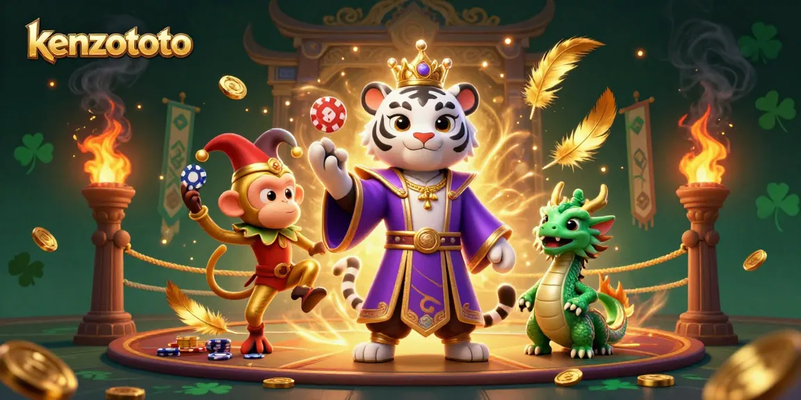 Kenzototo showcases exciting games with a lively illustration featuring a royal tiger, jester monkey, and jade dragon.