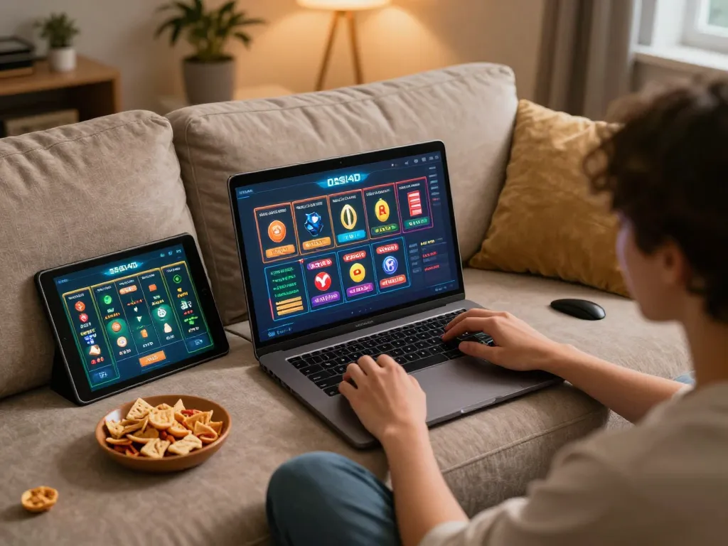 Permainan slot DASI4D di laptop dengan orang yang terlibat dan camilan di lingkungan rumah yang nyaman