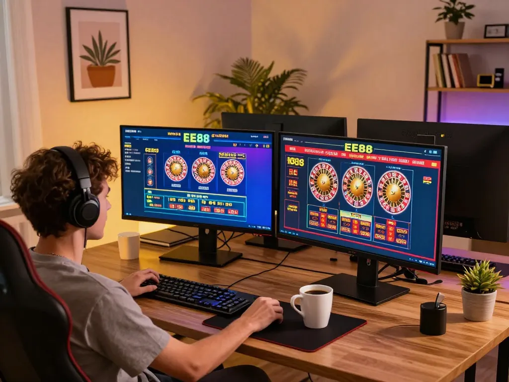 Experience thrilling online gaming with EE88 on multiple screens in a cozy, modern setup.
