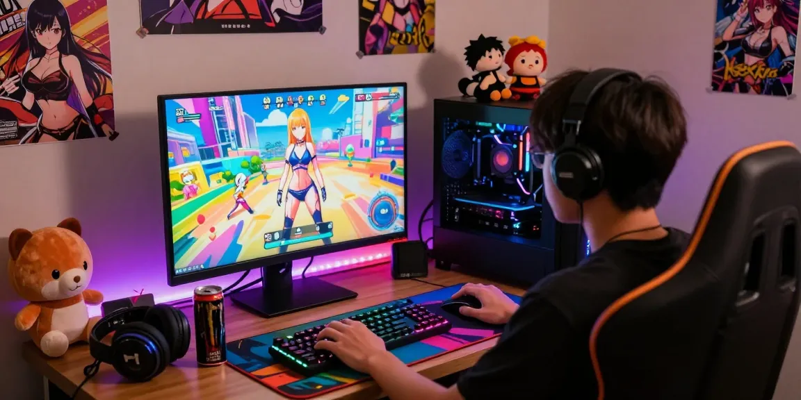 Engaged gamer playing an ecchi game on a vibrant PC setup with anime graphics.