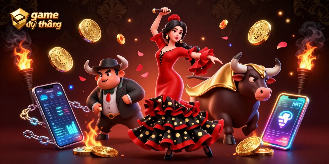 Experience the thrill of game đổi thưởng with a striking flamenco dancer, bull, and crypto elements.