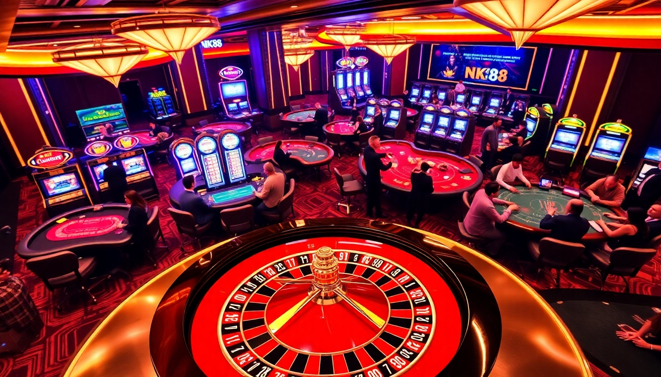 Players experiencing thrilling moments at NK88 casino with vibrant games and elegant decor.
