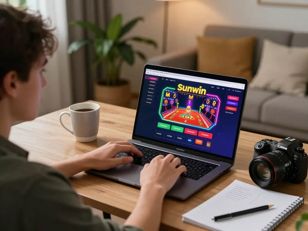 Player enjoying Sunwin online casino gaming on a laptop with colorful graphics in a cozy room.