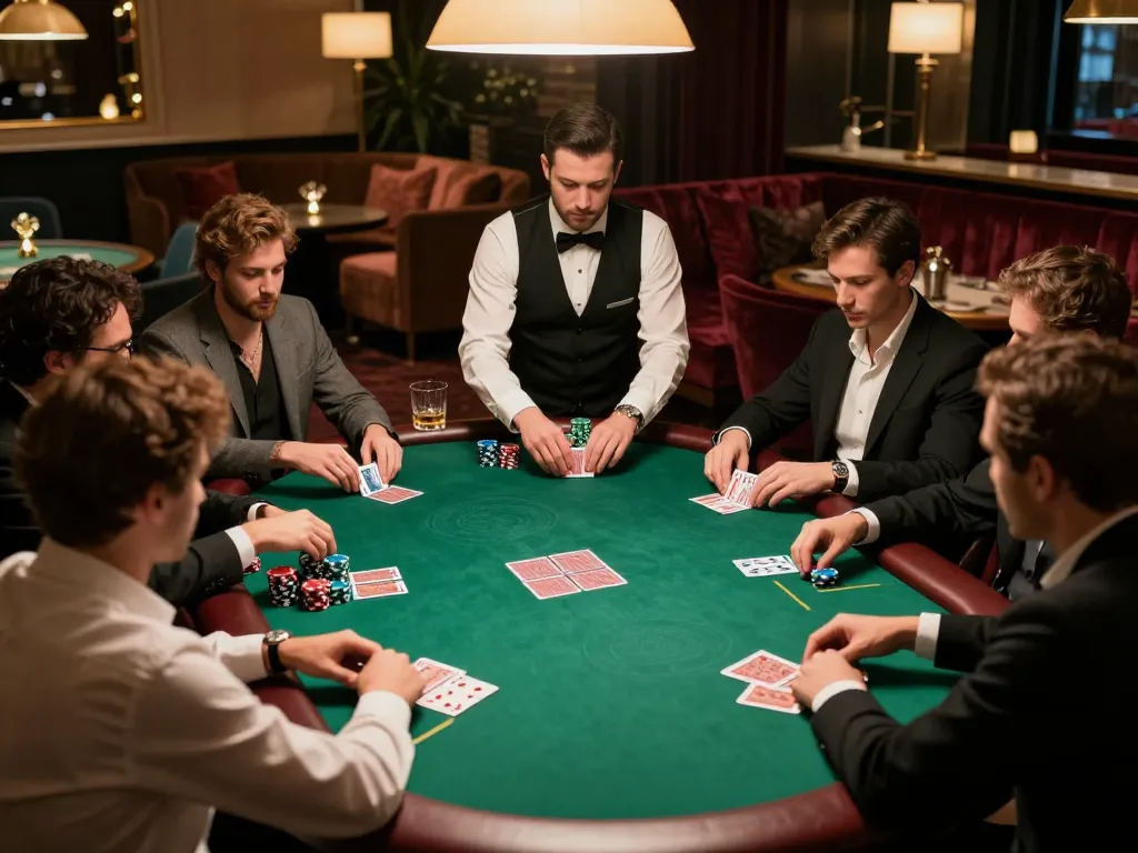 mm88 poker game unfolding in stylish casino lounge, players engaged with cards and chips.