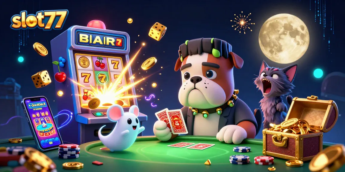 Win big with slot77 in a vibrant casino scene featuring a bulldog monster dealing cards and overflowing jackpots.
