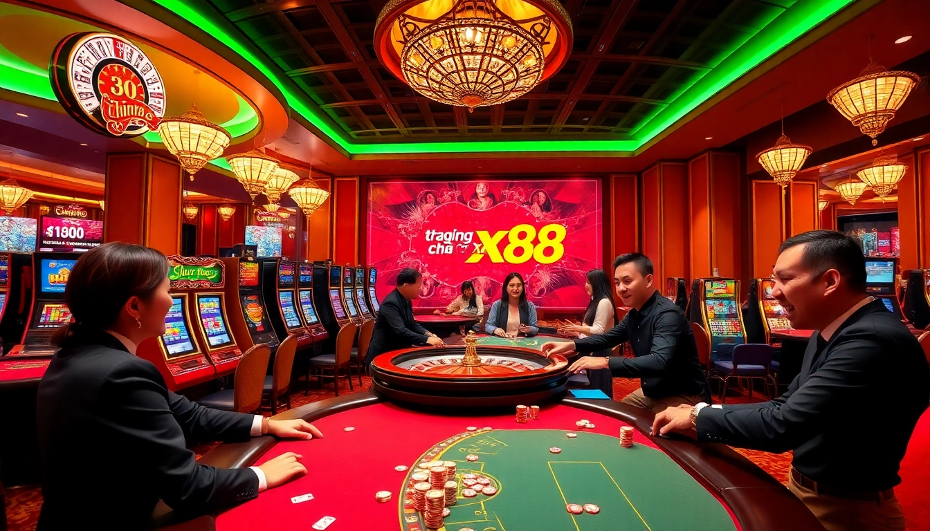 Experience winning at trang chủ xx88 surrounded by engaging casino tables and vibrant slot machines.