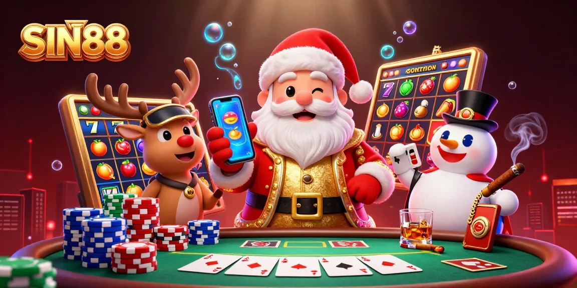 SIN88 showcases an exciting 3D casino scene with Santa and friends celebrating big wins and jackpots.