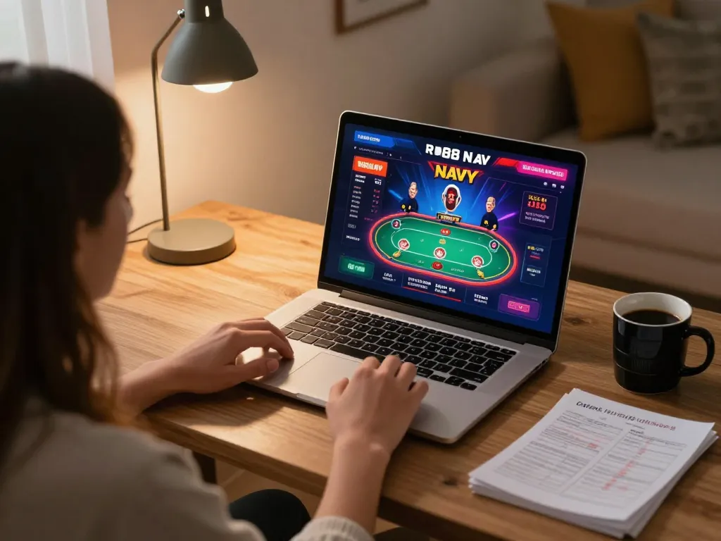 Engaging in strategic RR88 NAVY online gambling on laptop with cozy setup and notes.