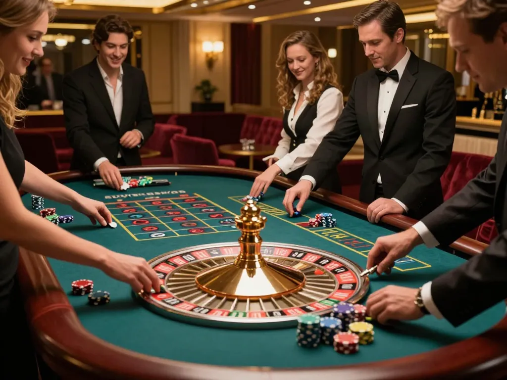 The house 5679 showcases players placing bets at an exciting roulette table in a luxurious casino, highlighting the vibrant atmosphere.