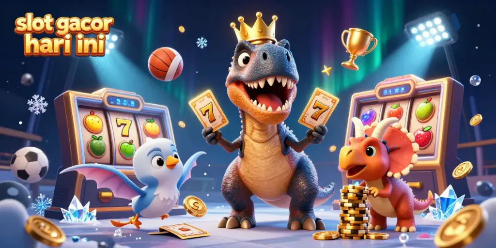 Visualisasi slot gacor hari ini dengan karakter dinosaurus bermain kartu dan menumpuk chip emas.