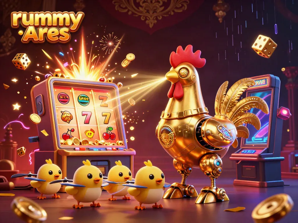 Experience thrilling gameplay with rummy ares, featuring a dynamic golden rooster robot and exciting casino elements.