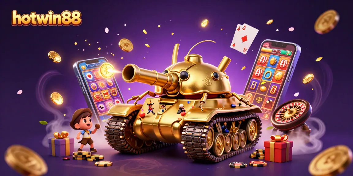 Hotwin88's colorful slot game shines as golden coins erupt amidst a dynamic casino scene.