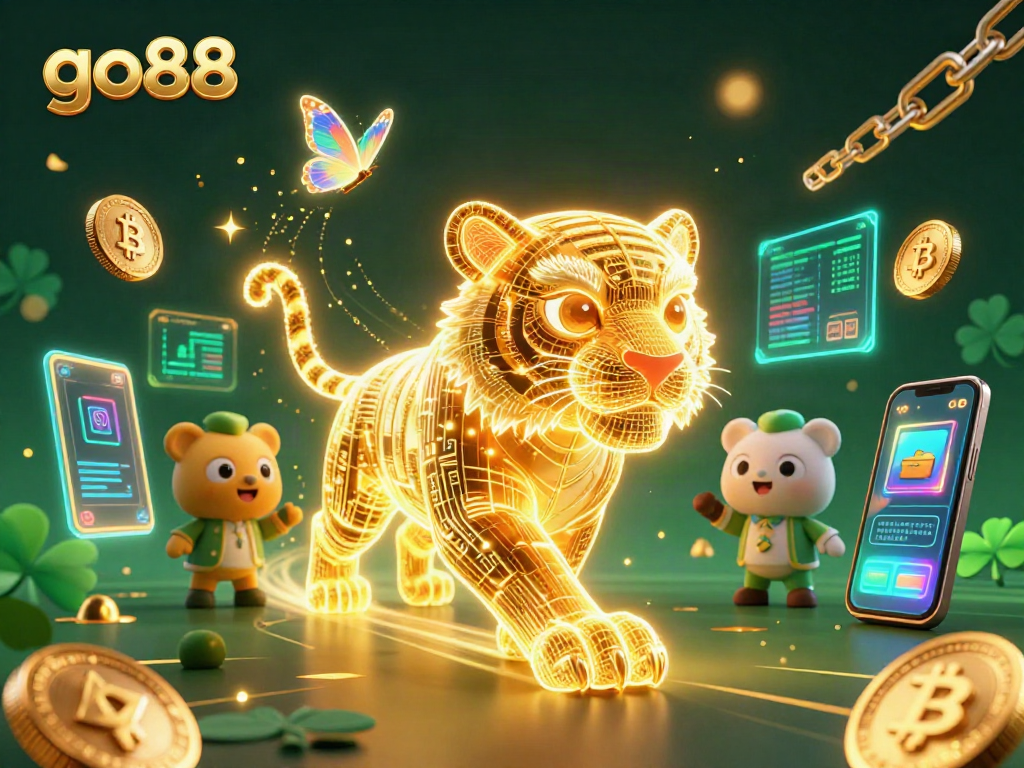 Engage with go88 in a vibrant 3D casino scene featuring a golden tiger and cryptocurrency elements.