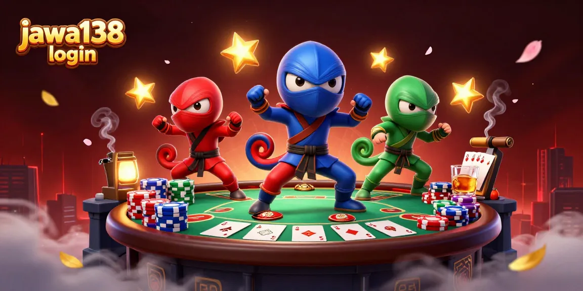 Gambar judi menarik dengan karakter ninja chameleon dan informasi jawa138 login untuk para pemain.