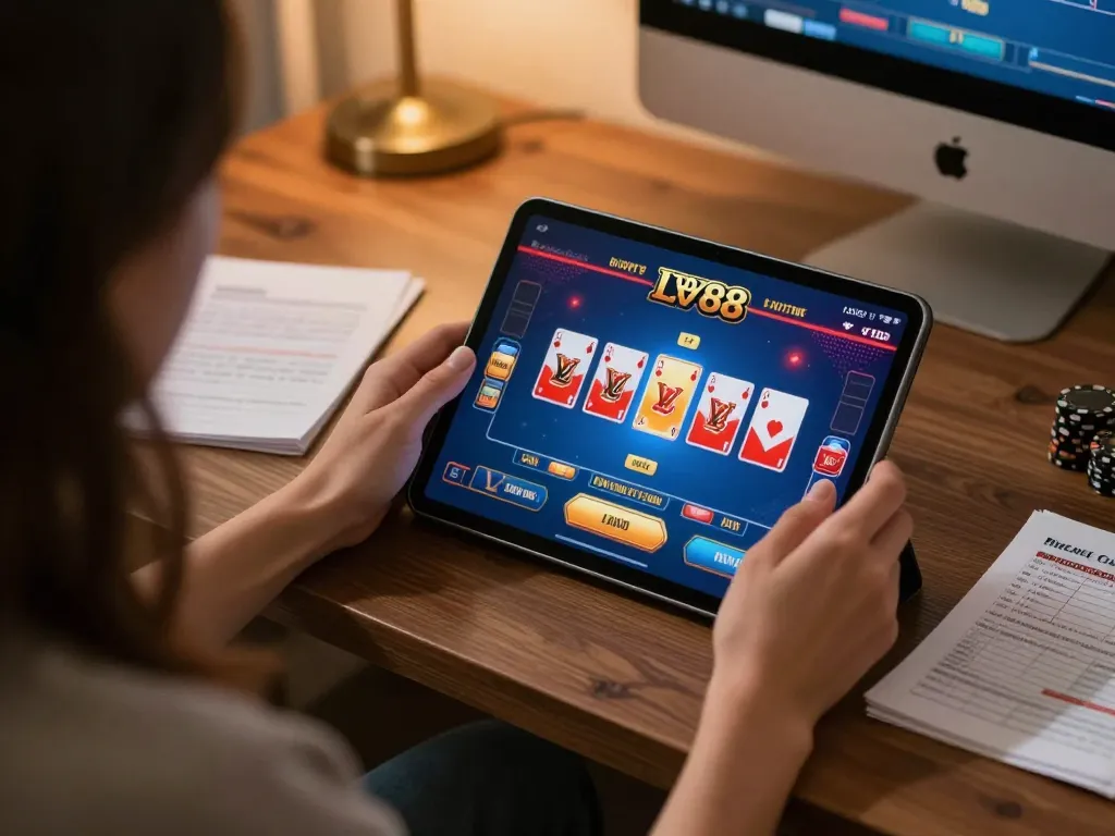 Engaged player analyzing poker strategies while using LV88 tablet for online gaming at home.