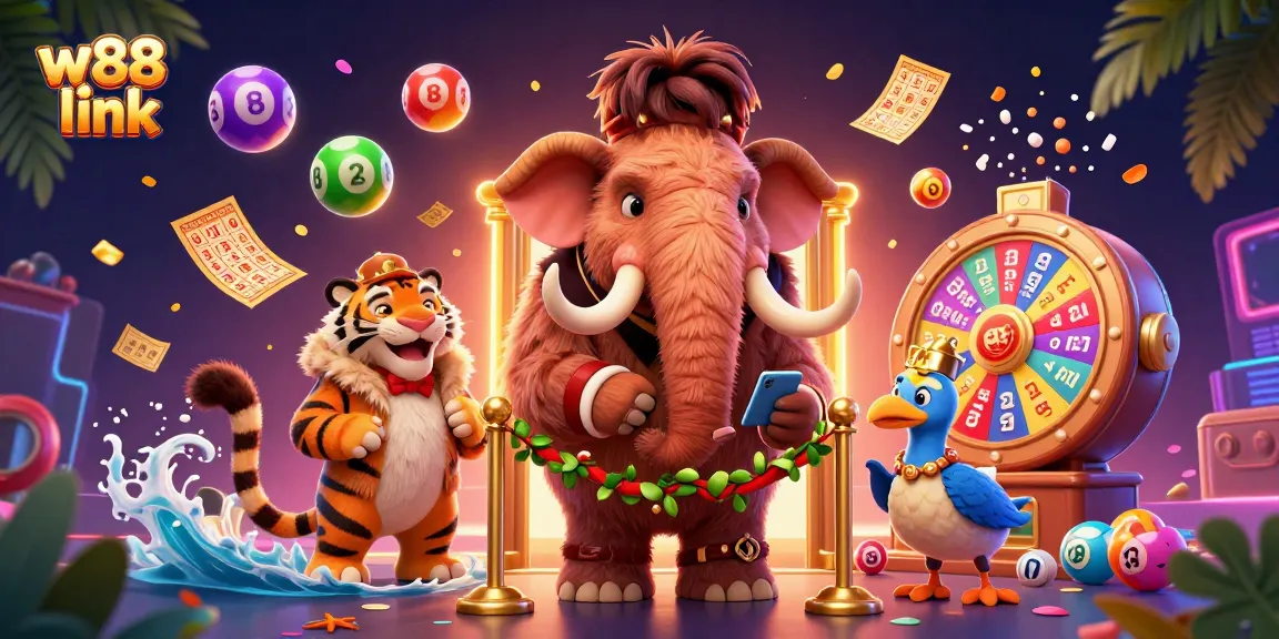 Engage with the vibrant w88 link casino world featuring an entertaining mammoth bouncer, a VIP tiger, and festive lottery elements.