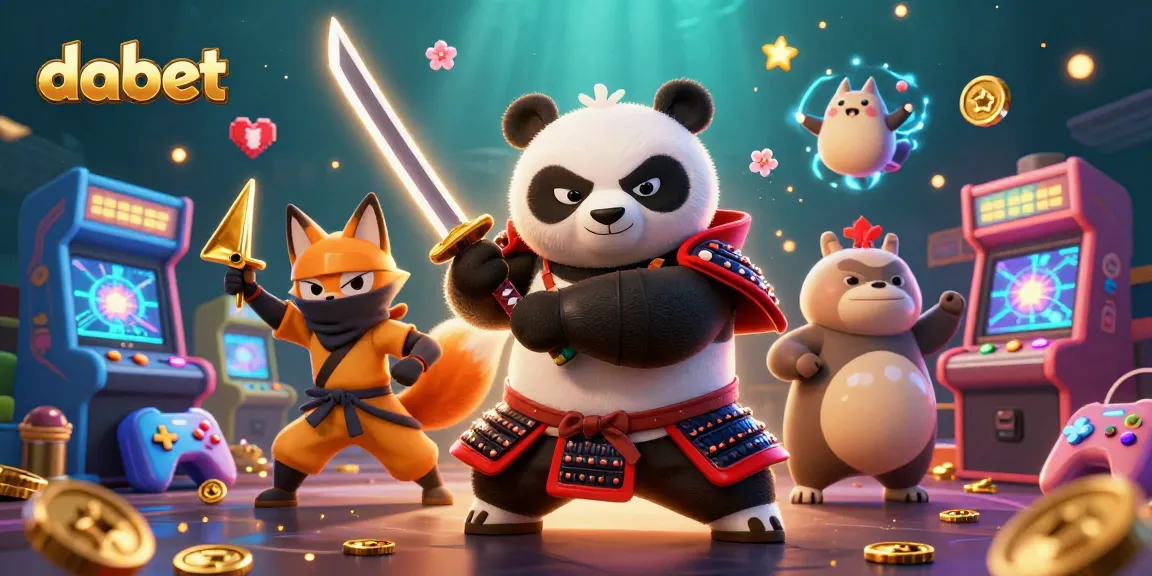 Dabet showcases a vibrant 3D scene with samurai panda, ninja fox, and casino-themed elements.