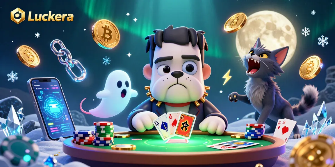 Luckera showcases a lively poker scene with a Frankenstein bulldog dealing cards amidst vibrant casino elements.