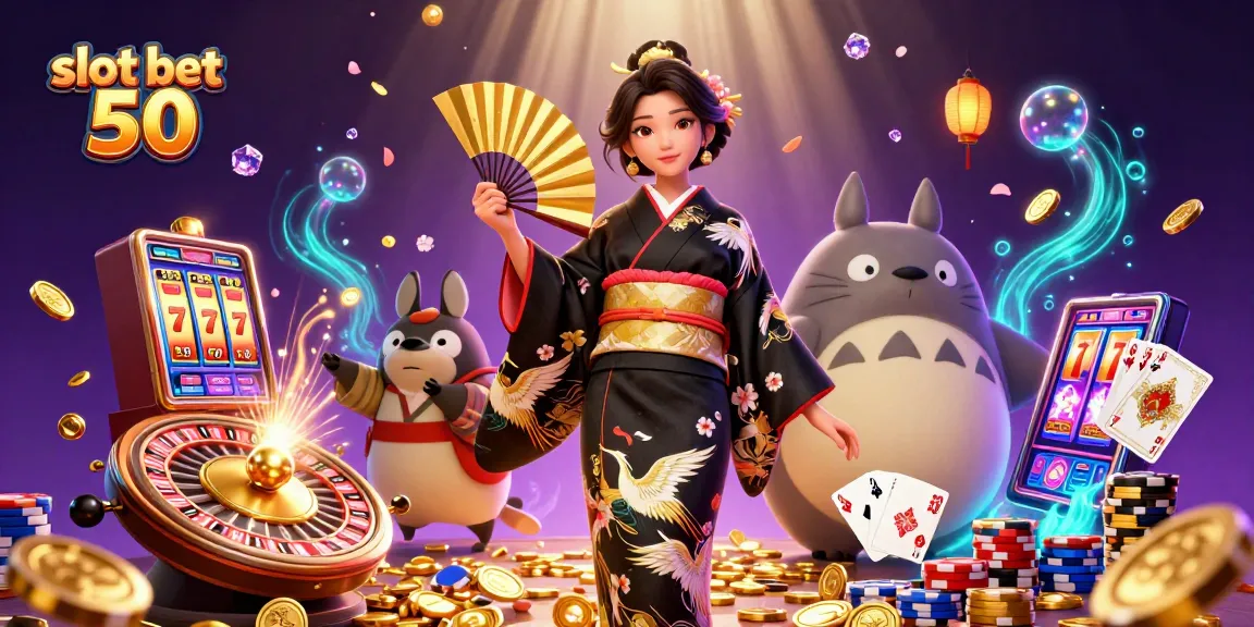 Watch winning moments with slot bet 50 in an exciting casino-themed 3D illustration.