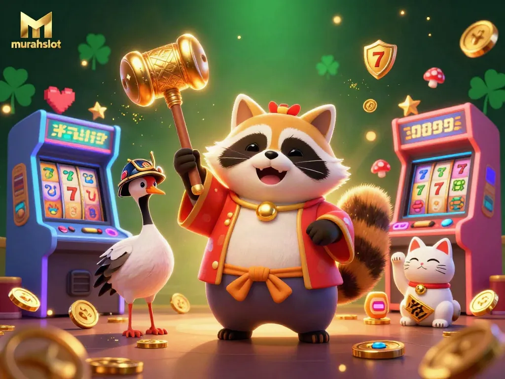 Mainkan permainan slot di murahslot dengan karakter kartun penuh warna dan elemen kasino yang menarik.