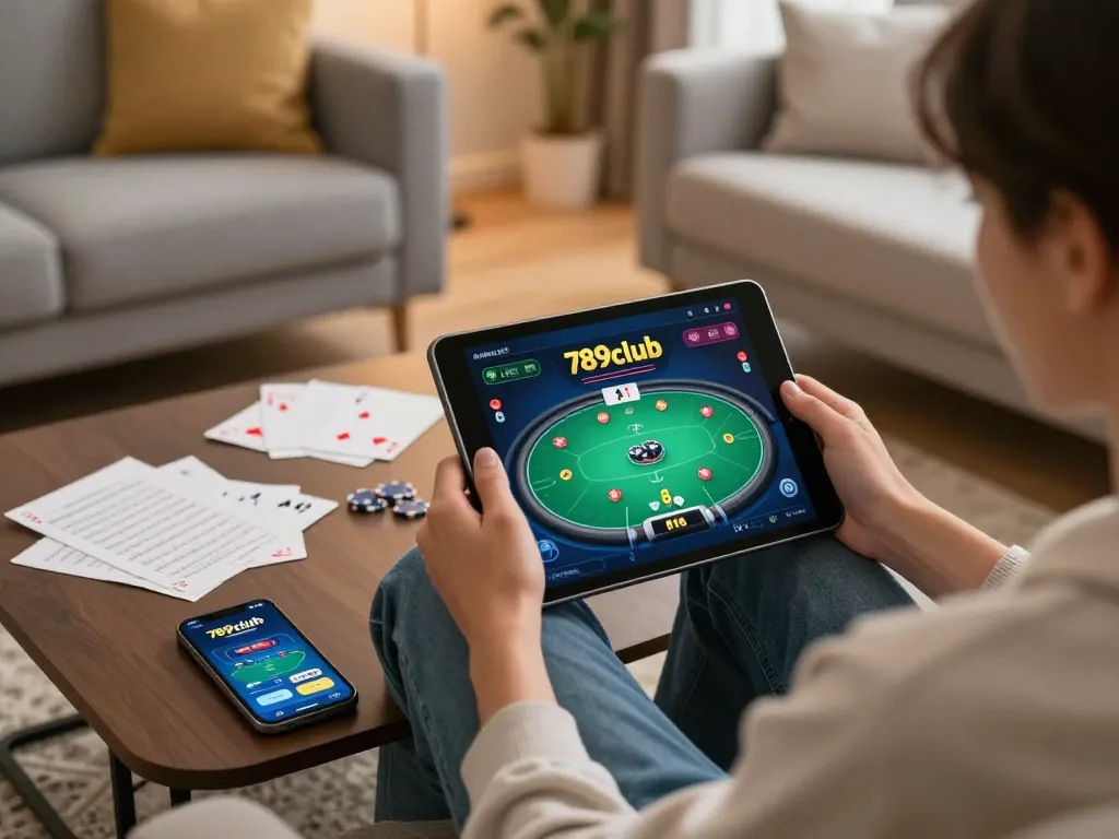 Engaging poker game scene on 789club displayed on a tablet in a cozy home environment.