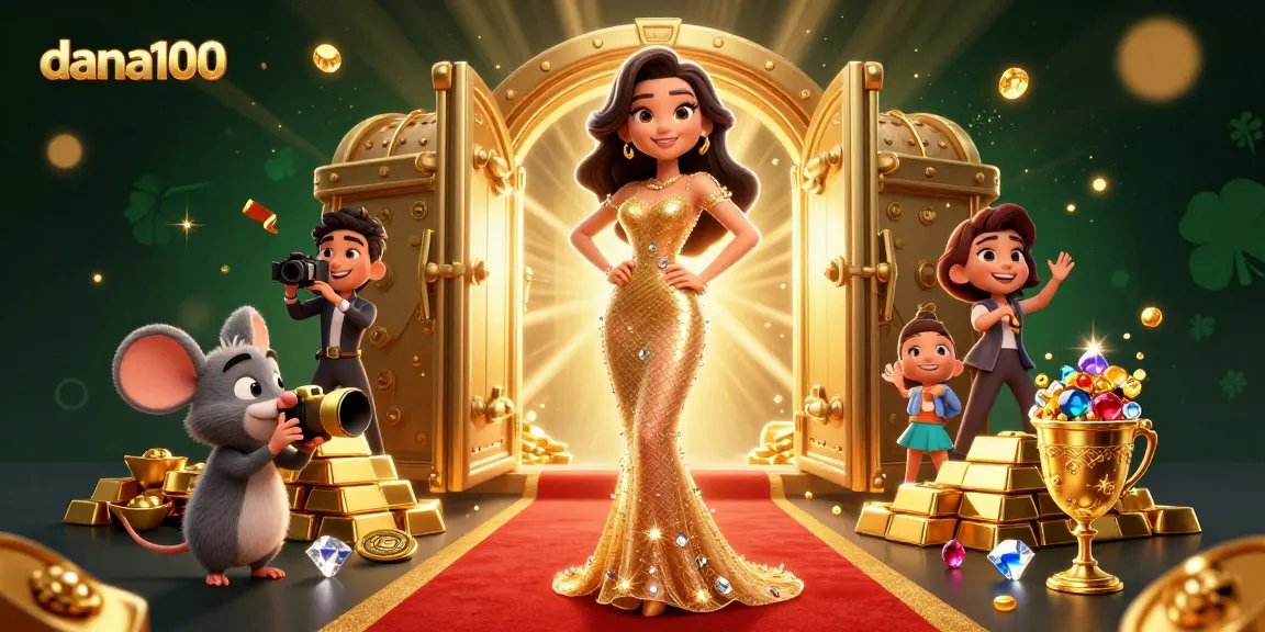 dana100 platform celebrates wins with glamorous visuals, showcasing jackpots and treasures from dynamic online gambling experiences.