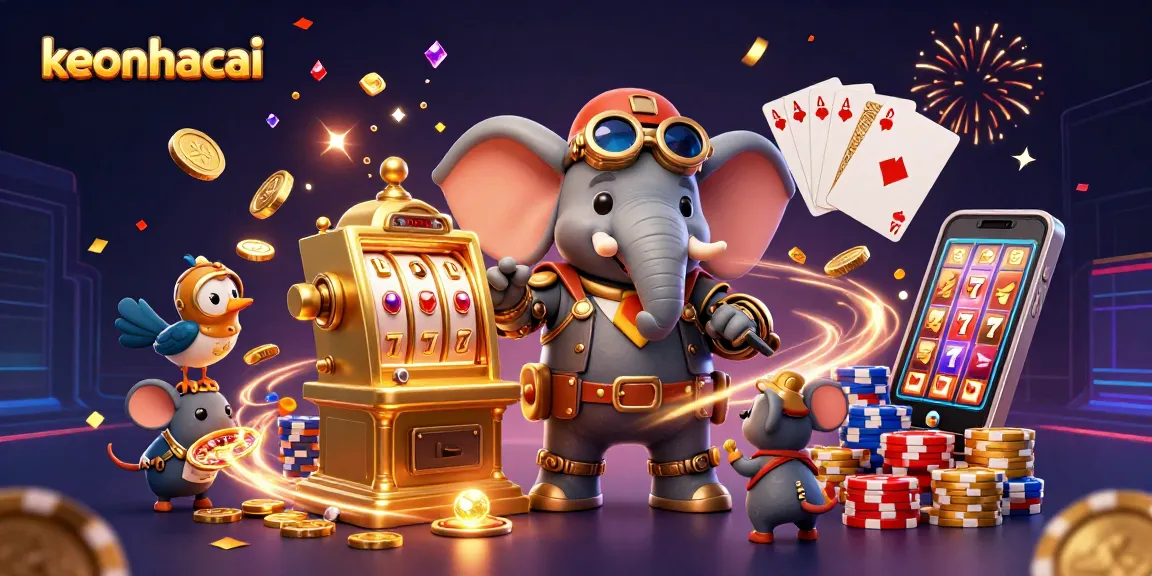 Experience the excitement of keonhacai with a lively 3D casino scene featuring gold coins, slot machines, and cards.